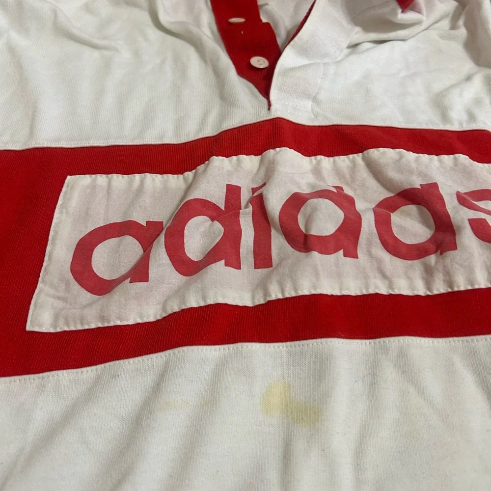 80s ADIDAS Rugby Shirt Vtg. Spellout Long Sleeve Polo Jersey Red White Retro Men